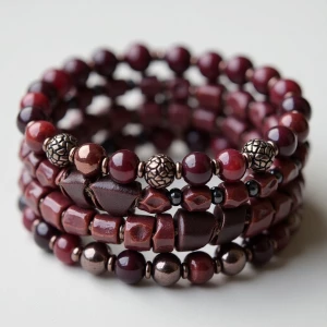 Design a multi-strand bracelet that integrates burgundy beads an...