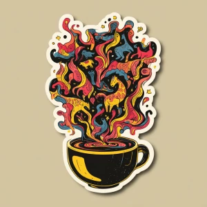 hand-drawn coffee cup overflowing with chaotic swirling steam tr...