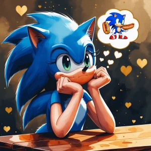 realistic watercolor. she Amy Rose hedgehog from Sonic, elbows resting on a wood table, one hand under her chin, deep in thought and in love looking up at a thought bubble with (((a greedy happy blue Sonic the Hedgehog munching on a spicy hotdog making a lot of mess))) in the thought bubble. soft gold bokeh hearts bg. no extra details