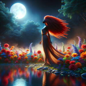 Capture the ethereal beauty of an African American woman with long, flowing Spice Red  hair, standing gracefully by a moonlit pond. Surround her with vibrant, colorful flowers reflecting the soft lunar glow, and depict wisps of gentle fog embracing the scene. Let the painting evoke a sense of mystery and enchantment, with the woman embodying serenity and elegance amidst the backdrop of natural beauty. very creative