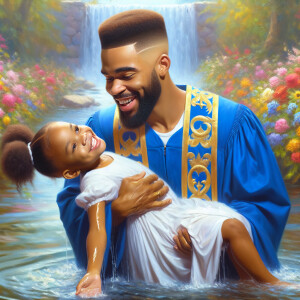 An oil painting of a light-skinned African-American pastor with...