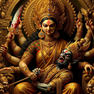 portrait of angry looking goddess durga sitting on a gold crown...