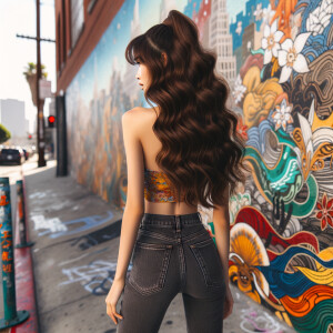 Attractive, Asian teenage girl, long brown hair and bangs, wearing tight skinny jeans and a halter top paint marks on her clothing, backside view heroic pose Asian graffiti