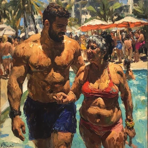 oil painting,a muscular beefy sweaty man  walking with his 50 ye...