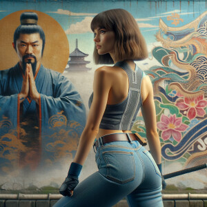 Athletic Thin skinny Attractive, Asian teenage girl, long brown hair and bangs, wearing tight skinny jeans and a halter top paint marks on her clothing, heroic pose Asian graffiti background, backside view