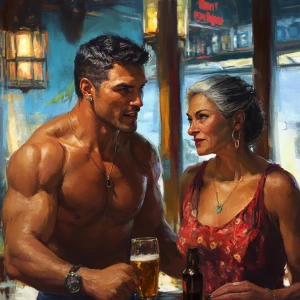 realism,fantasy.a muscular sweaty man standing and talking  with...