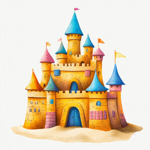 Create a playful vibrant and whimsical sandcastle illustration w...
