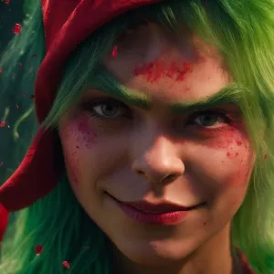 A close-up photo of The Grinch's face, rendered in a surrealisti...