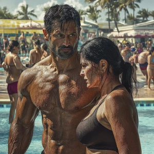 Create a realism photorealistic image of a muscular, sweaty man...