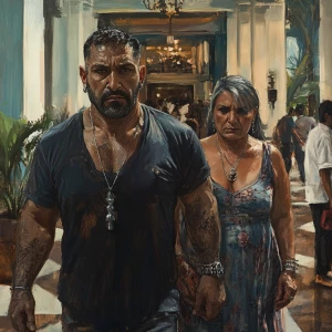 realism art.A sweaty beefy muscular son in law criminal walking...