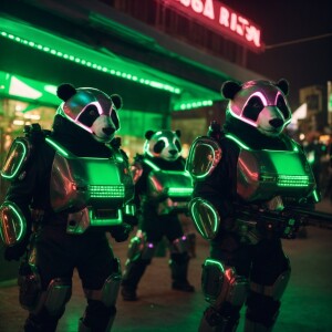 panda bears with guns in shiny robotic suit with green lights bu...