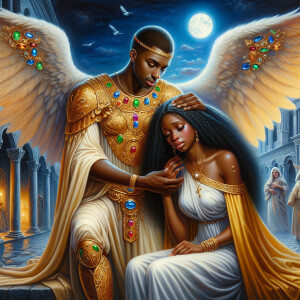 Create an oil painting image featuring a male angel and a grievi...