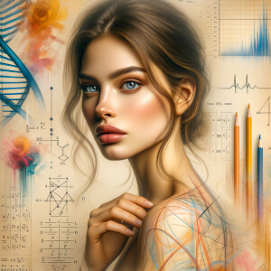 Abstract, minimalist, painting, with pencil line, paint stroke, gestures, colorful marks, mathematical equations, electrical cardiogram, printouts complex math formulas, dna asian teen girl