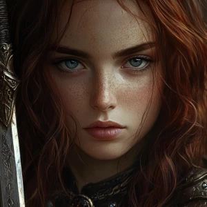 Create a realistic image of a warrior with dark red hair reaching just below the shoulders, piercing blue eyes, and a round face. The warrior should be holding a sword adorned with jewels, capturing only the bust for a detailed close-up.