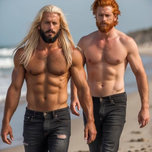 Two shirtless men with one with long blonde hair and beards, the other man has ginger hair beard wearing black jeans and walking barefoot on a sandy beach.