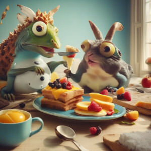 surreal breakfast with funny creatures eating it