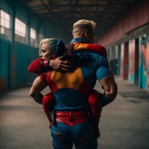 Harley Quinn being carried over the shoulder by a muscular man,...