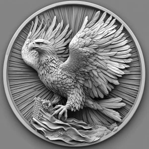a grayscale bas relief of a mighty eagle wings outstretched with...