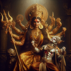 portrait of angry looking goddess durga sitting on a gold crown and carrying a weak mahishasur on her lap and stabbing him with her amazingly designed trident. She is wearing gold armor, a huge gold crown, gold saree, abundant  gold jewelry, covered in blood. The scene is set in ancient India. The image is 8K resolution, cinematic, ultra detailed face and epic.