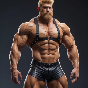 Joe bodybuilder blonde hair and beard wearing a black leather sh...