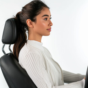 A cute skinny Latina woman sitting in a chair

Brown ponytail...