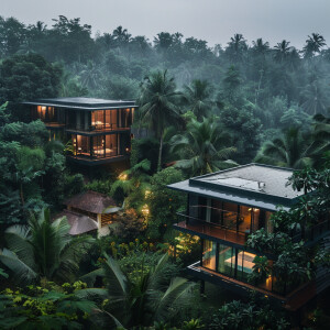 Top views of two Kerala sloproof  architecture homes in middle o...
