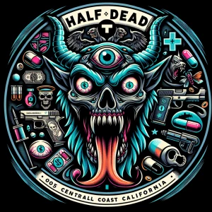 "Create a circular logo design featuring a demonic character wit...