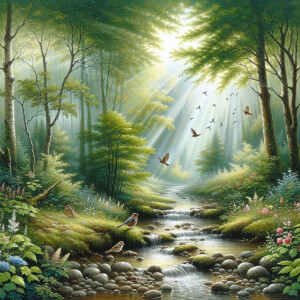Depict a serene forest scene where soft sunlight filters through...