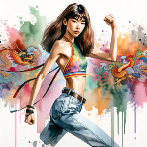 Athletic Thin skinny Attractive, Asian teenage girl, long brown hair and bangs, wearing tight skinny jeans and a halter top paint marks on her clothing, heroic pose Asian graffiti background, side view