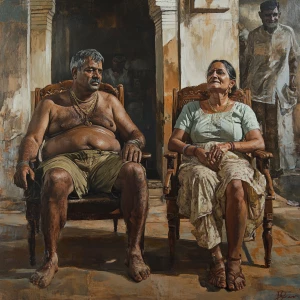 Hyperrealism art style,a muscular beefy dangerous sweaty village...