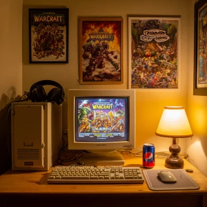 A nostalgic 1990s retro gaming setup in a dimly lit room at nigh...