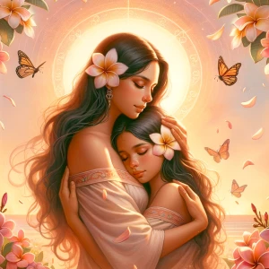A soft pastel illustration of a young woman embracing her younge...