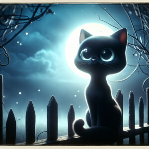 Beautiful realistic black cat with big eyes, sitting on a fence...