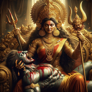 portrait of angry looking goddess durga, sitting on a gold crown and carrying a weak mahishasur on her lap and stabbing him with her amazingly designed trident. She is wearing gold armor, a huge gold crown, red saree, abundant gold jewelry, covered in blood. The scene is set in ancient India. The image is 8K resolution, cinematic, ultra detailed face and epic.