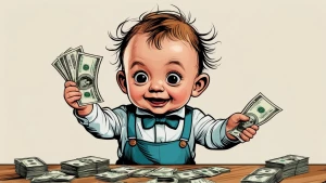 baby Joker in children role counts money, use carton and satiric...