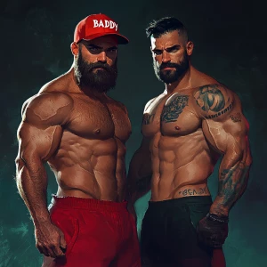 Two muscular men stand closely together in a dynamic pose. One m...