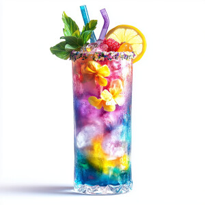 Create an image of a tall, vivid tropical cocktail, complete wit...