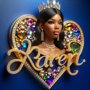 Craft a 3-D image showcasing the name 'KAREN' in a luxurious gol...