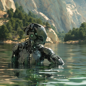 Cyborg's swimming in a lake. HDR, ultra-detailed, masterpiece,...