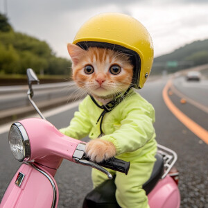 An orange kitten with black eyes wearing a yellow helmet wearing...
