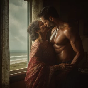 Realism,photo painting.a muscular, sweaty Indian man standing in...
