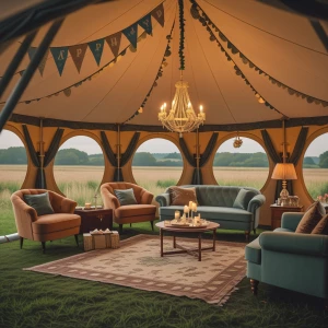 Set up a luxurious, spacious bell tent with plush furnishings an...