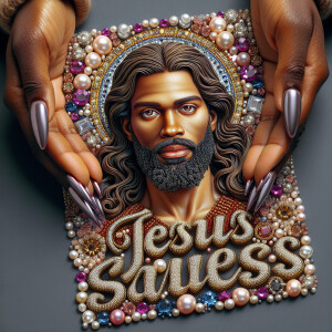 A 3D realistic artwork featuring the phrase 'Jesus Saves' adorne...