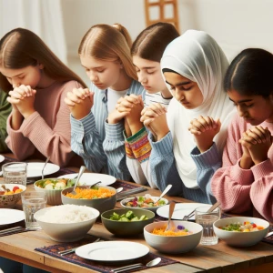 A group of teenagers praying over food on the tables with all fe...