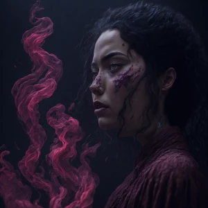 girl in red with pink and blue smoke around her