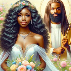 Create a 3-D realistic oil, painting of a beautiful African-American bride. She has long flooring, wavy hair and her gown has beautiful jewels around the neckline. in the background there is a beautiful African-American Jesus Christ with long dreadlocks, and he is smiling. He is very handsome pastel flowers throughout the image.