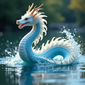 "In the heart of a tranquil lake, a magnificent water dragon eme...