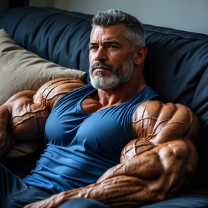 The image shows a muscular bodybuilder man lying on a couch, app...
