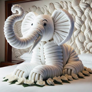Generate an image of an elephant sculpture crafted from white to...
