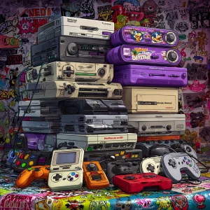 "A chaotic stacked pile of various retro video game consoles and...